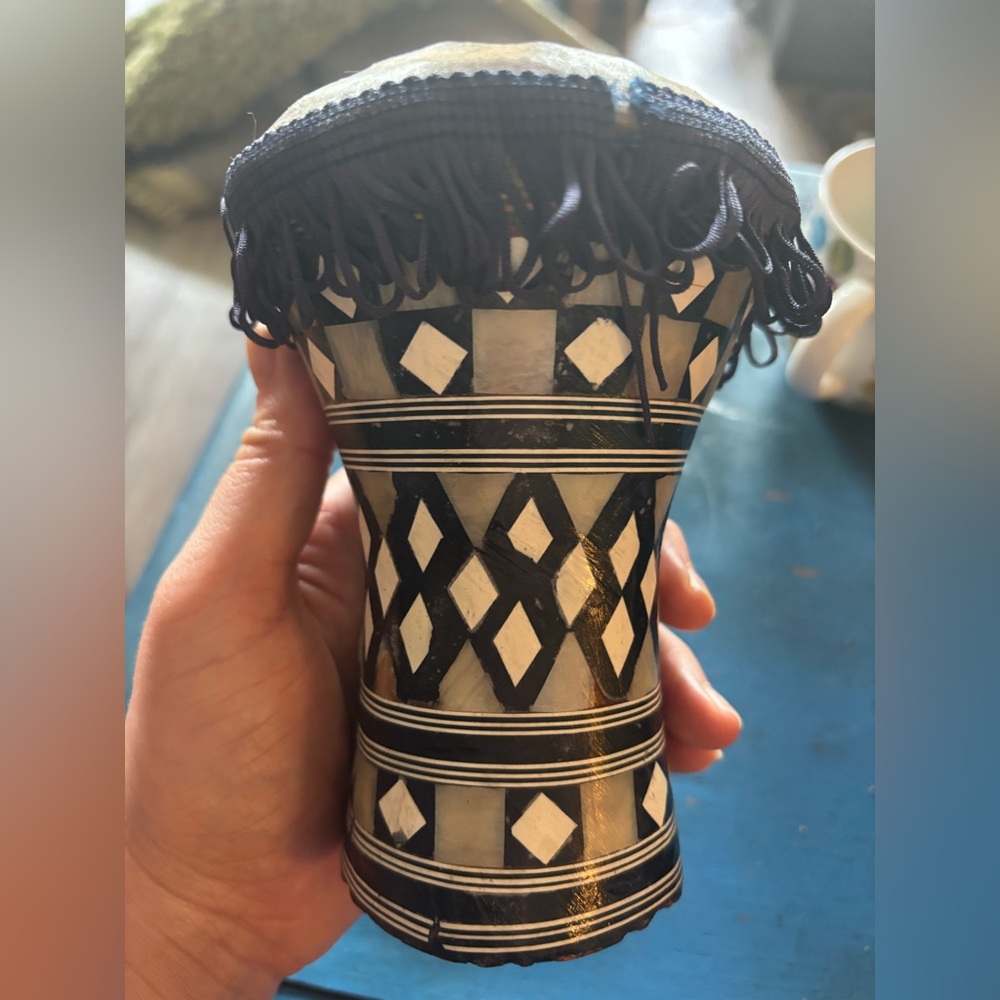 Small Egyptian Handmade Inlaid Wooden Black White Drum-Tabla-Dumback 6in Music
